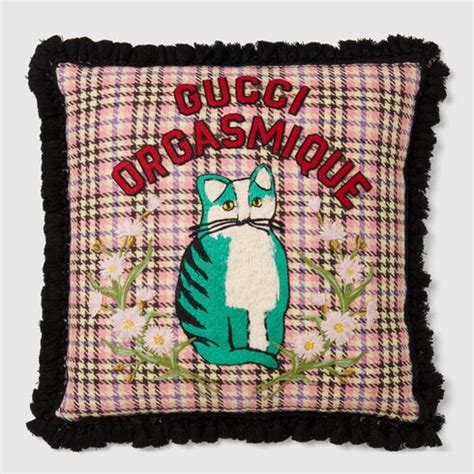 gucci orgasmic|Cushion with 'Gucci Orgasmic' and cat patches.